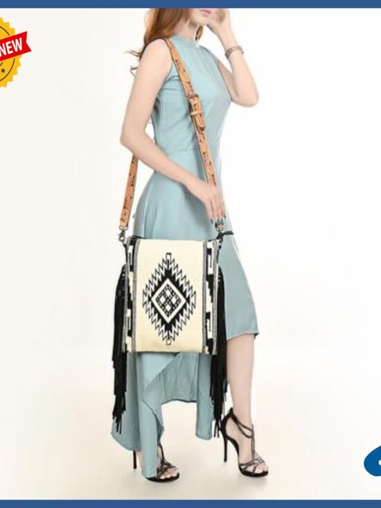 Large Crossbody Bag with Hand Tooled Floral Leather and Woven Saddle Blanket - Picture 2 of 4